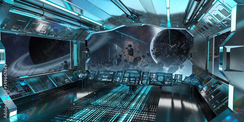 Fototapeta premium Spaceship interior with view on distant planets system 3D rendering elements of this image furnished by NASA
