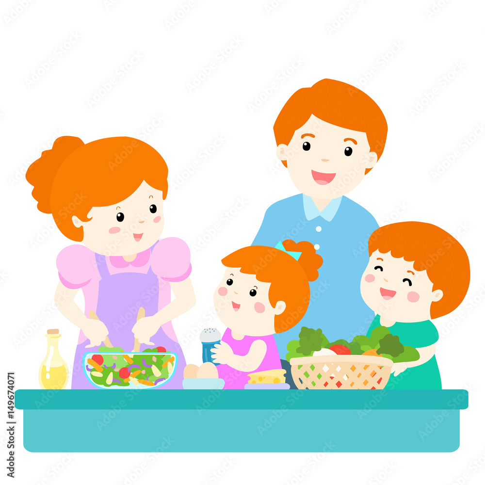 Happy family cook healthy food together cartoon character vector. Happy family cook healthy food together cartoon character vector.