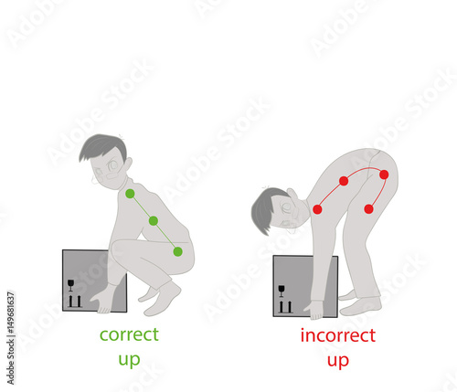 Correct posture to lift a heavy object safely. Illustration of health care. vector illustration