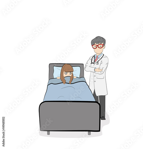 The doctor is at the patient's bed. Plot for medical topics. vector illustration.