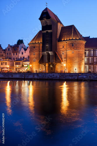 The Crane in City of Gdansk at Night in Poland