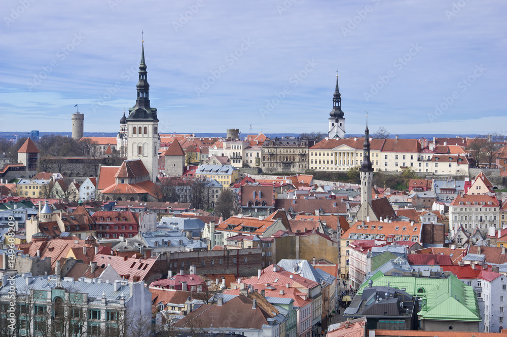 Aerial view to Niguliste church and Toompea (upper city) of Tallinn