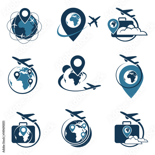 travel logo set with suitcase and airplane