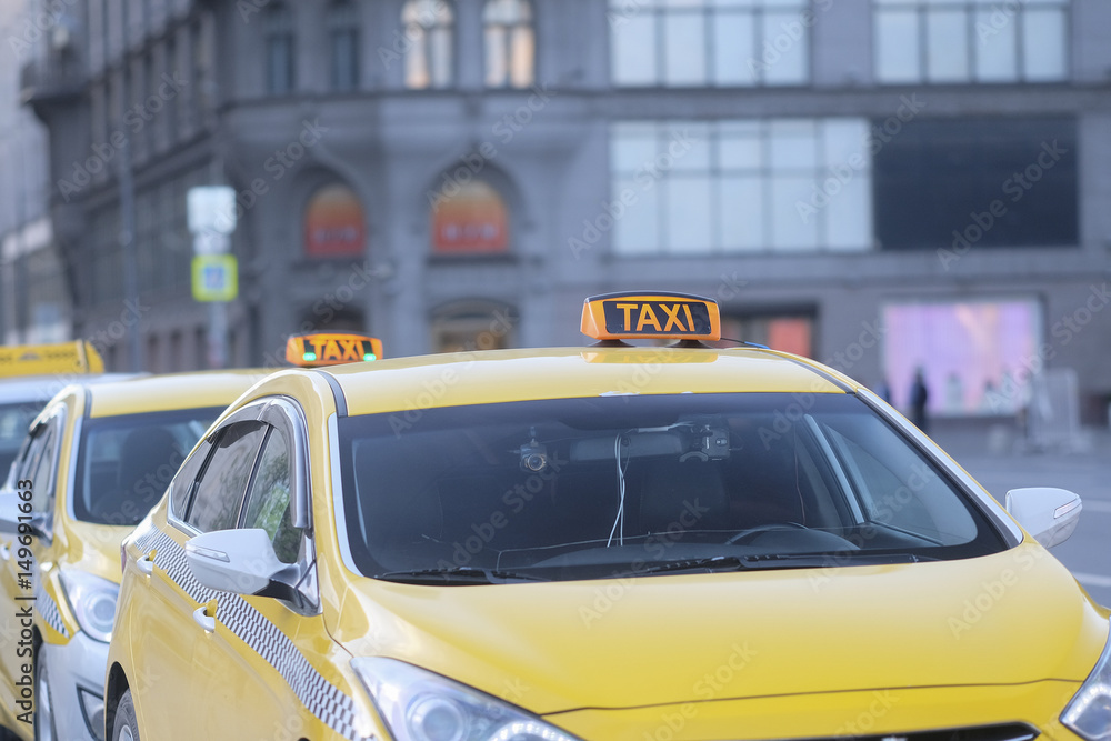 Moscow, Russia - May, 3, 2017: Taxi on a parking in a center of Moscow