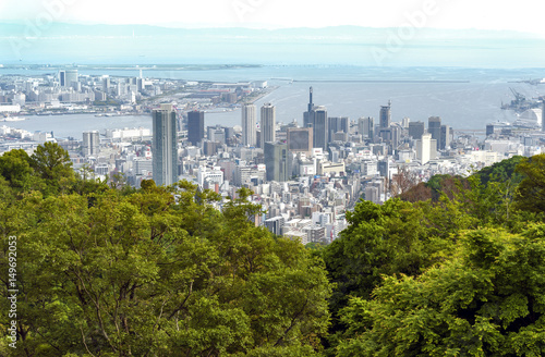 Aerial view of Kobe city and Port Island of Kobe from Mount Rokko  skyline and cityscape of Kobe  Hyogo Prefecture  Japan