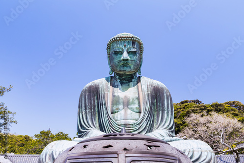 The Great Buddha in Kamakura Japan. The foreground is cherry blossoms. Located in Kamakura, Kanagawa Prefecture Japan. photo