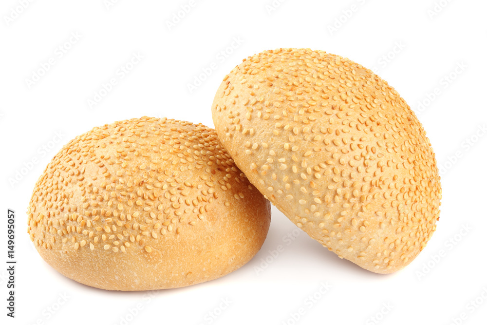 Round sandwich bun with sesame seeds isolated on white background Round sandwich bun with sesame seeds isolated on white background