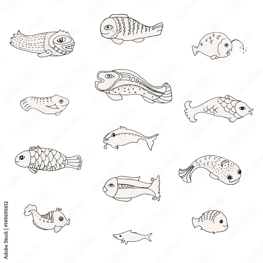 Set of decorative fish, doodle sketch