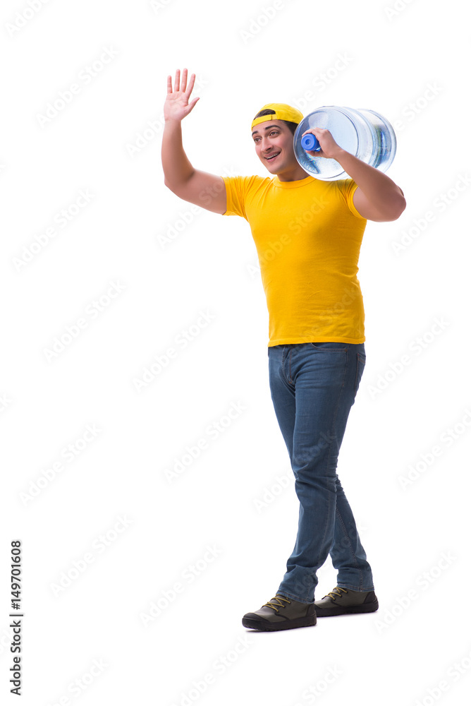 Man delivering water bottle isolated on white