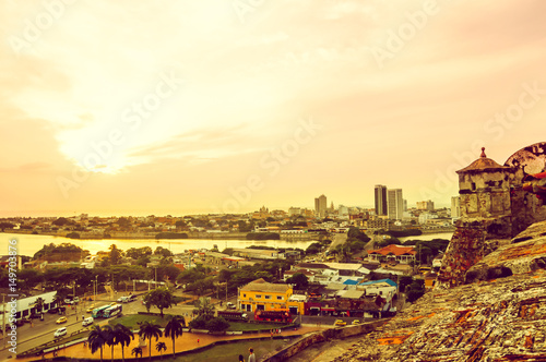 Panoramic sunset view from fortress over Cartagena