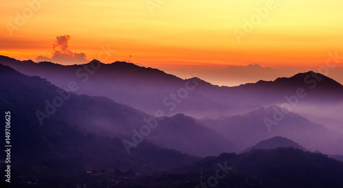 View on purple mountain with sunset over Minca in Colombia