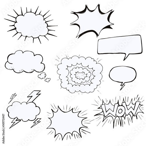 set hand drawn comic doodle elements, Speech bubbles, lightning, word wow