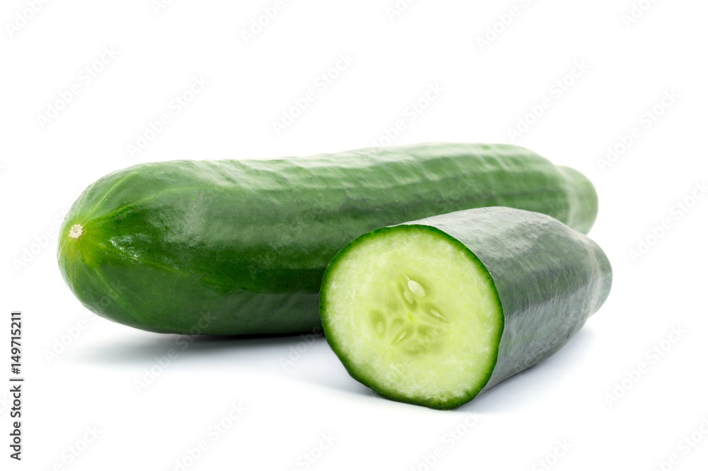 Sliced and whole cucumber isolated on white background