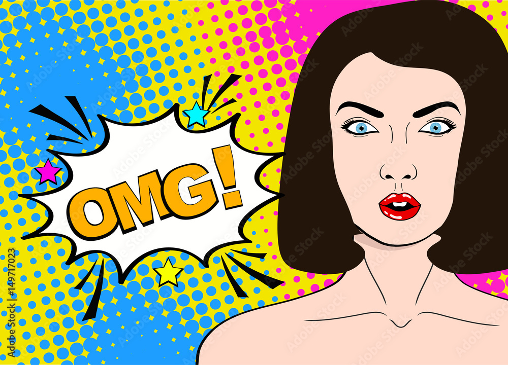 Wow pop art female face. Sexy surprised young woman with open mouth and  dark hair and OMG! speech bubble. Vector bright background in pop art retro  comic style. Stock Vector | Adobe