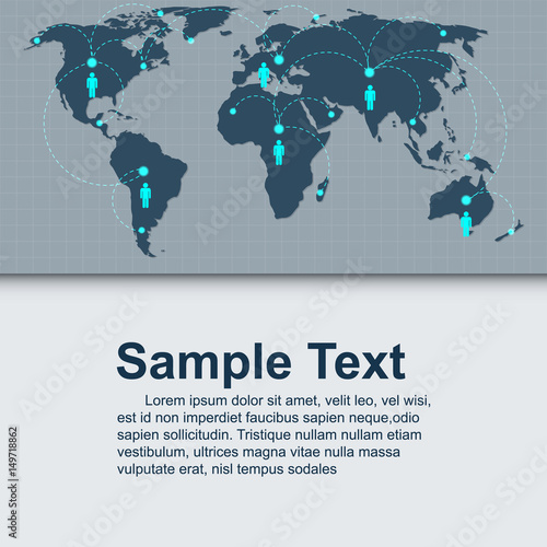 Social network with connected peoples on wold map,, network concept, vector illustration