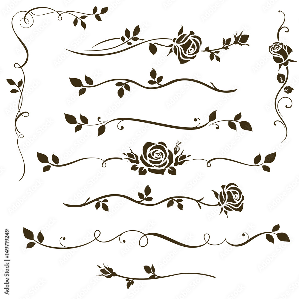 Vector set of floral dividers, calligraphic elements, decorative rose silhouettes for wedding invitation design and page decor - obrazy, fototapety, plakaty 