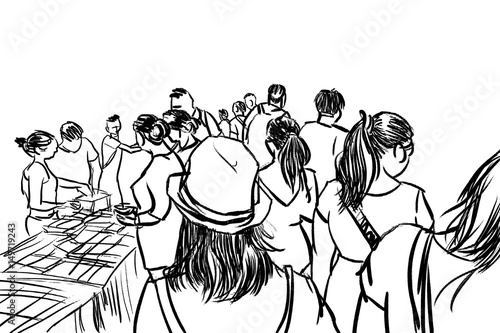people walking in urban scene cartoon sketch