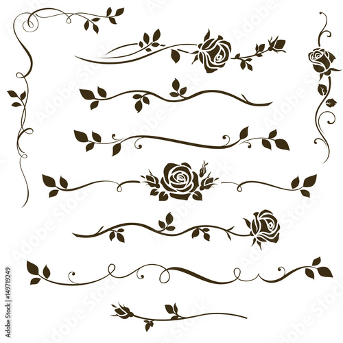 Fototapeta Wektorowy ustawiający kwieciści dividers, kaligraficzni elementy, dekoracyjne różane sylwetki dla ślubnego zaproszenia projekta i strona wystroju