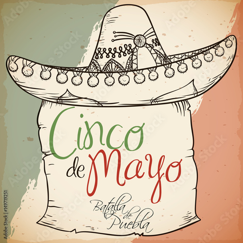 Hand Drawn Charro's Hat with Scroll for Cinco de Mayo, Vector Illustration
