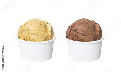 Ice cream scoops in white cups of butter pecan and chocolate flavours isolated on white background (clipping path included)