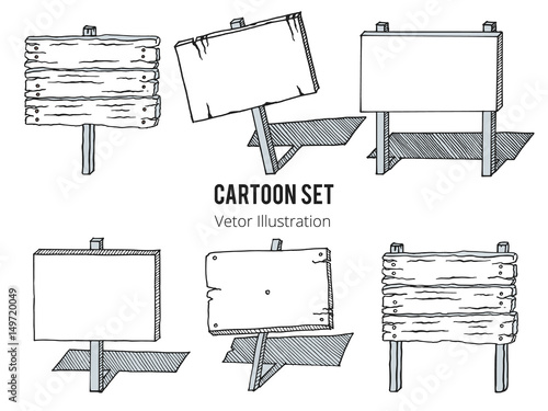 Sketch set of wooden signboards. Set of old wooden sign board in cartoon style. Isolated Hand drawn vector illustration. Shabby, crooked billboard and sign board with place for text