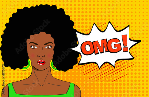 Wow pop art female face. Sexy surprised young african woman with open mouth and afro hairstyle and OMG! speech bubble. Vector bright background in pop art retro comic style.