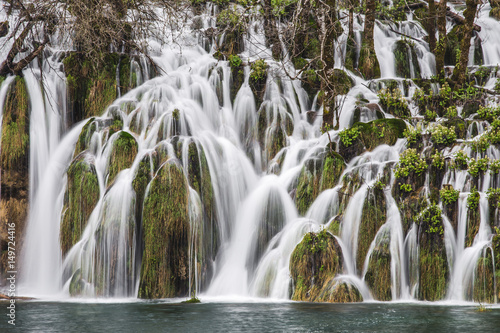 Detailed view of the beautiful waterfalls in the sunshine in Plitvice National Park  Croatia