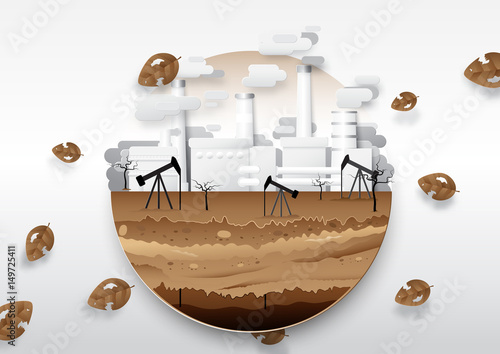 Oil pump and fuel with oil refinery and Coal Fossil Fuel Smokestacks. Oil Rig Soil Layers. global warming concept. Paper art style