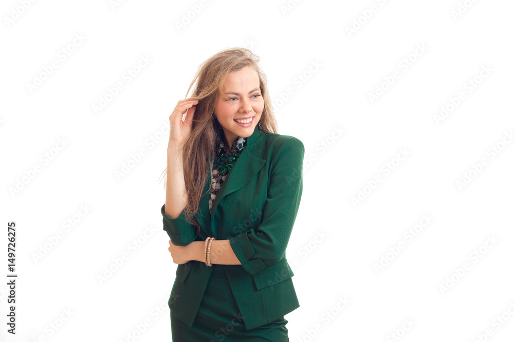 young beautiful girl in suit smiling and looks toward young beautiful girl in suit smiling and looks toward