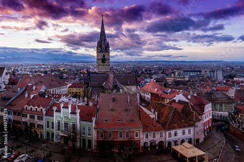 The Evangelical Church on Huet Square at sunset in Sibiu, Romania, November 2015