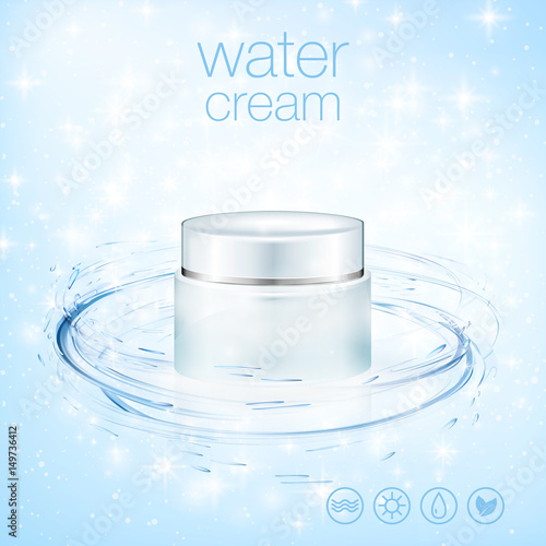 Aqua cream cosmetic product ads, hydrating facial skincare mock up template for christmas seasonal sale. Turquoise mask bottle isolated on glitter particles with water splash. 3D illustration.