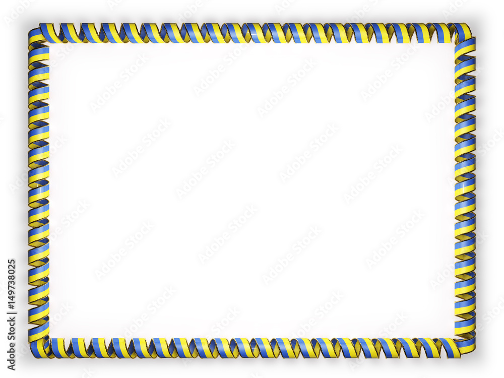 Frame and border of ribbon with the Ukraine flag, edging from the golden rope. 3d illustration