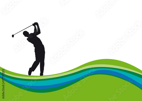 Golf club competition tournament background. Vector poster with man playing game on green