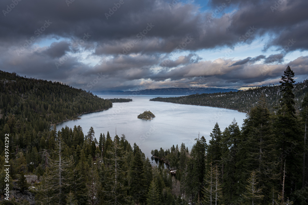 Emerald Bay on Lake Tahoe with snow on mountains