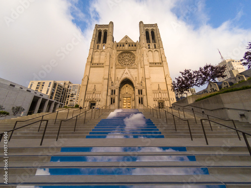 Photography Entrance steps up to Grace Catholic Cathedral in San Francisco, California