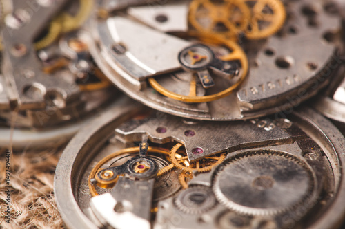 Clockwork old mechanical USSR watch. close up, macro shot.