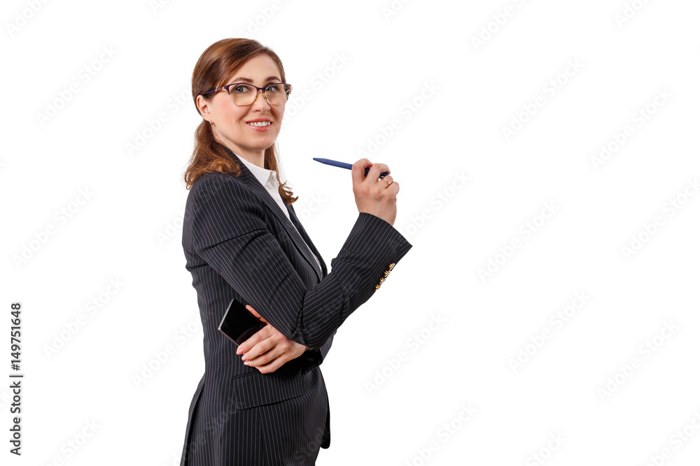 Portrait of a beautiful businesswoman 50 ears old with mobile phone isolated on white.