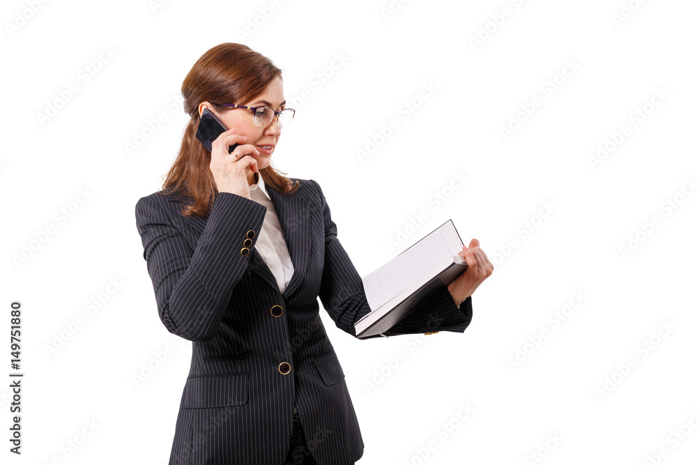 Portrait of a beautiful businesswoman 50 ears old with mobile phone isolated on white. Portrait of a beautiful businesswoman 50 ears old with mobile phone isolated on white.