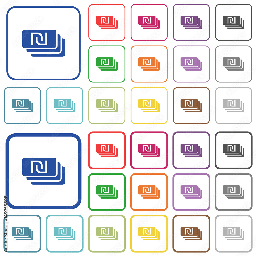 New Shekel banknotes outlined flat color icons New Shekel banknotes outlined flat color icons