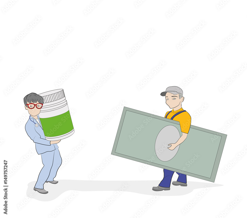 Sketch of little men. The patient pays for treatment to the doctor. Hand drawn cartoon vector illustration for medical design and infographics. Sketch of little men. The patient pays for treatment to the doctor. Hand drawn cartoon vector illustration for medical design and infographics.