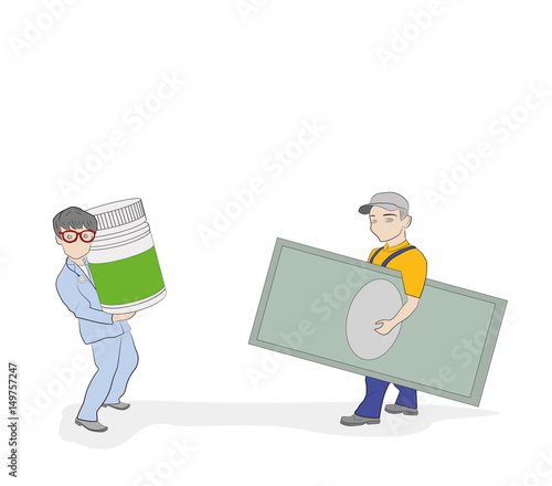 Sketch of little men. The patient pays for treatment to the doctor. Hand drawn cartoon vector illustration for medical design and infographics.