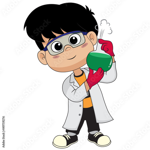 kid doing experiments with liquids in chemistry lab