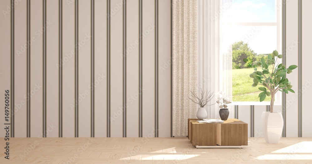 White empty room with green landscape in window. Scandinavian interior design. 3D illustration White empty room with green landscape in window. Scandinavian interior design. 3D illustration