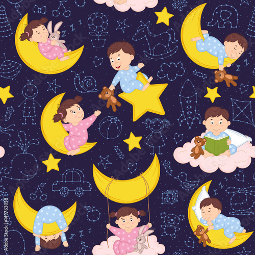 seamless pattern with babies on the moon - vector illustration, eps
