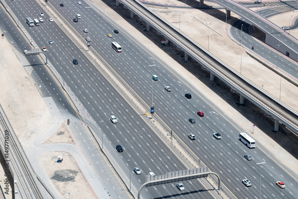 Panoramic aerial view of Dubai Sheik Zayed highway, during a summer sunny day Panoramic aerial view of Dubai Sheik Zayed highway, during a summer sunny day