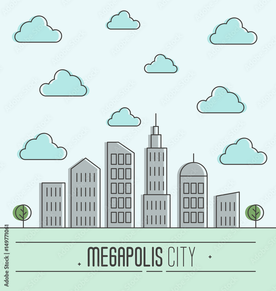 Buildings silhouette cityscape. Megapolis city in flat style. Blue sky with clouds. Vector illustration