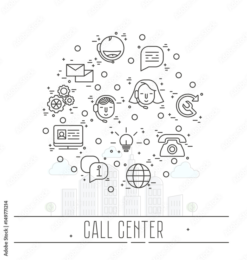 Support service icons set - vector thin line call center symbols or customer service logo elements. Call center. Support service icons set - vector thin line call center symbols or customer service logo elements. Call center.