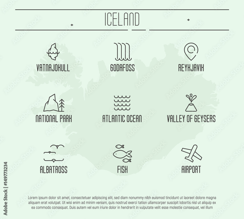 Fototapeta Set of thin line icons with Iceland symbols and attractions. Vector illustration.