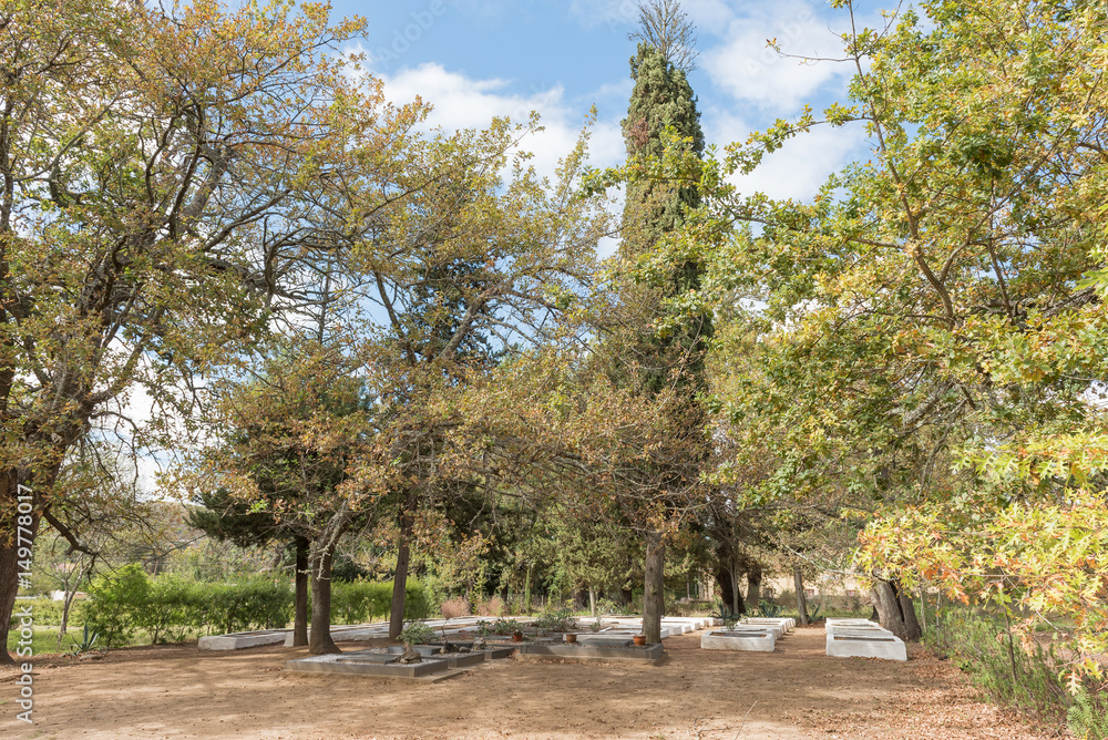 Historic graveyard between oak trees at the mission in Genadendal