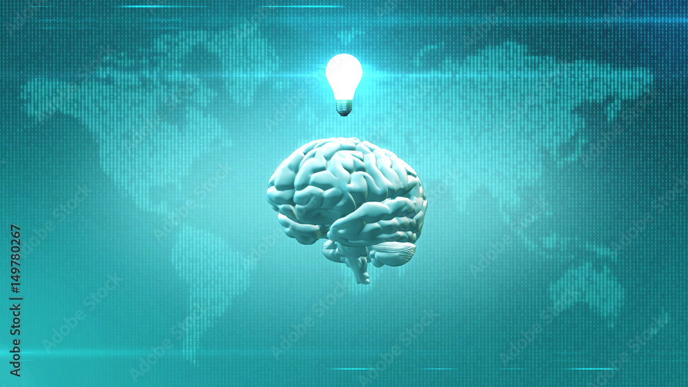 Obraz premium Brain with light bulb in front of digital Earth backdrop